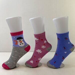 Womens Crew Socks Set 3 Snowman Cherry Clover Heart Print Gray Pink Blue Red